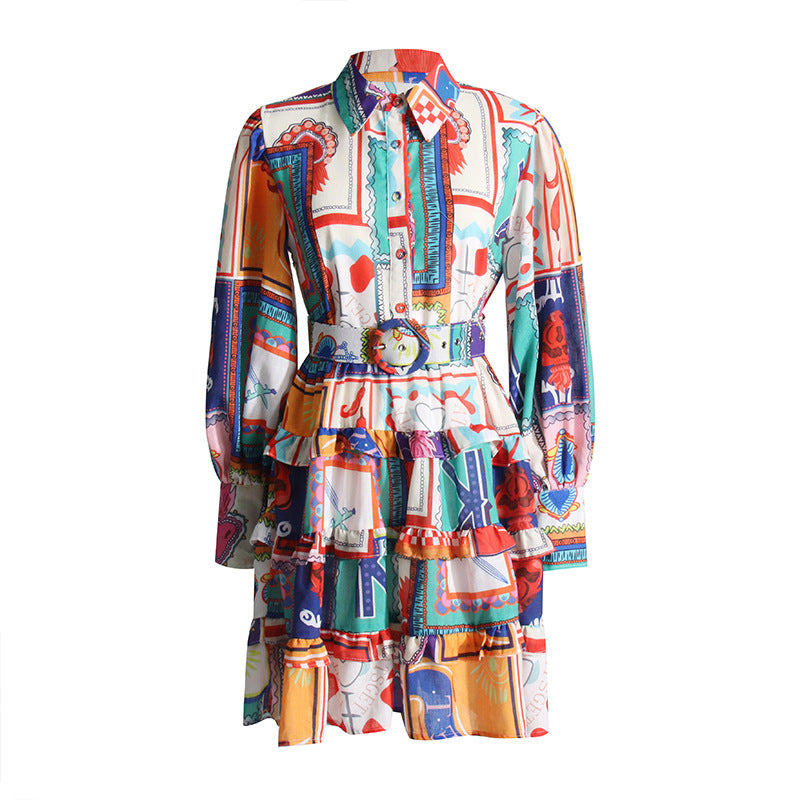 Retro Printing Lapel Single-breasted Waist Slimming Dress